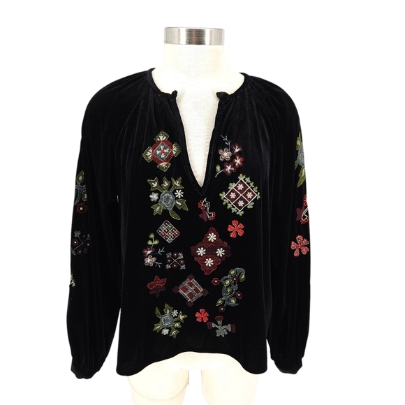 Zara Shirt Black Velvet Floral Embroidered Long Sleeve V Neck Peasant Top Small - Picture 1 of 4